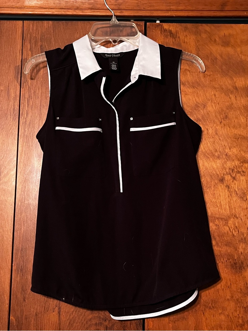 White House Black Market Black Sleeveless Polo Blouse with White Trim